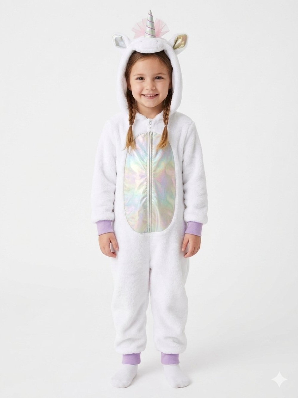 White Unicorn Kids Hooded Costume Onesie with Iridescent Panel